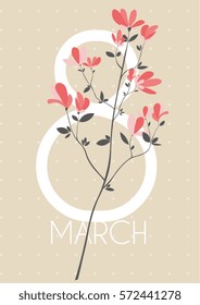 Happy International Women's Day and 8 march. greeting card with spring branch and small red flowers on the light retro background.