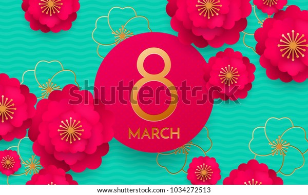 国際女性デー3月8日の切り抜きイラストバナーまたはカード 緑の背景にベクター女性の日の背景に赤い3d紙で切り取られた花と8番目 折り紙テンプレート のベクター画像素材 ロイヤリティフリー