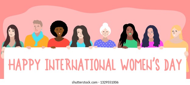 Happy International Women's Day, 8th March, Group of Different Woman, Women Power Illustrated By Hand - Vector Eps