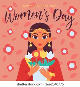 Happy International Women's Day, 8th March, Indian Woman Holding The Flowers. Hand Illustration in Flat Cartoon Style - Vector Eps