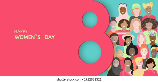 Happy International women`s day at 8th of March vector banner, flyer, poster with diverse female students group, african, asian, indian, muslim characters. Multi ethnic women unity for gender equality