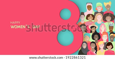 Happy International women`s day at 8th of March vector banner, flyer, poster with diverse female students group, african, asian, indian, muslim characters. Multi ethnic women unity for gender equality