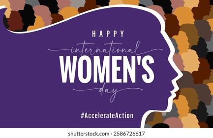 Happy International Womens Day - Accelerate Action, banner with silhouettes of women's faces. Greeting card for March 8 with cutout silhouette of a Woman's head. Vector Illustration