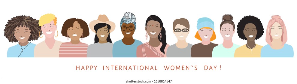 Happy International Women`s Day banner with 11 diverse female smiling faces in line isolated on white background. Different beauty, various nationalities and races. Women`s avatars vector illustration