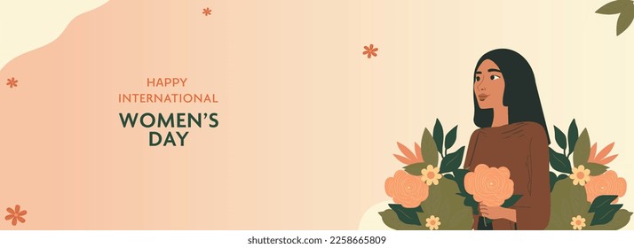 Happy International Women's Day Banner Design With Young Woman Character On Floral Decorated Pastel Peach Background.