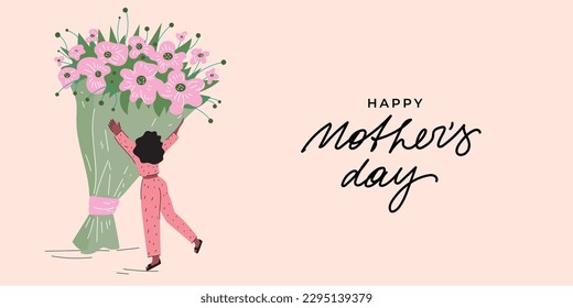 Happy International women's day banner. Woman holding huge bouquet of flower. Girl hugging flowers. Mother's day illustration. Lettering. Woman rejoices at the gift. Greetings card with calligraphy.