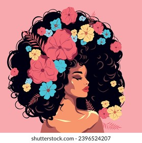 Happy International Women's Day banner Beautiful pink flowers in your hair. Pink background Hairstyle. Vector concept of movement for gender equality and women's empowerment