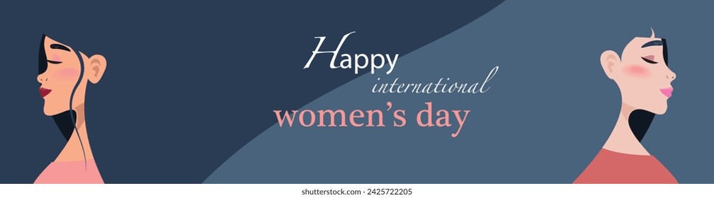 Happy International Women's Day banner. Two women with closed eyes and long hair