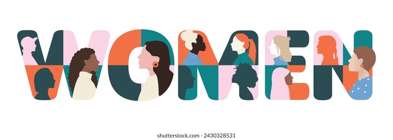 fondo de la bandera del día internacional de la mujer feliz, letra de texto palabra mujeres ilustradas con la silueta de la vista lateral de la cara de la cabeza de la mujer, ilustración mínima moderna felicitaciones para el folleto del póster del volante