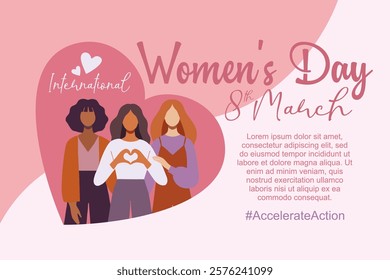 Happy International Womens Day banner design. Women of different ethnicities standing together with a heart-shaped background.