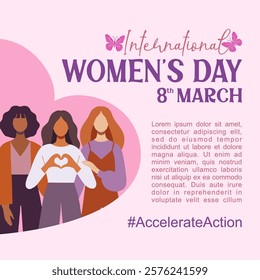 Happy International Womens Day banner design. Women of different ethnicities standing together with a heart-shaped background.