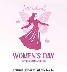 Happy International Womens Day banner design. Silhouette of a woman with butterfly wings. 2025 Womens Day campaign theme – #AccelerateAction.