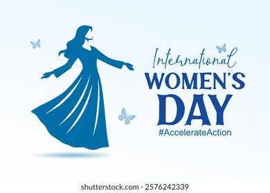 Happy International Womens Day banner design. Silhouette of a woman with butterfly. 2025 Womens Day campaign theme – #AccelerateAction.