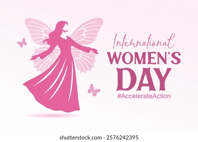 Happy International Womens Day banner design. Silhouette of a woman with butterfly wings.