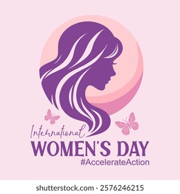 Happy International Womens Day banner design. Silhouette of a woman profile in purple with flowing hair inside a circular background. 2025 Women Day campaign theme – #AccelerateAction.