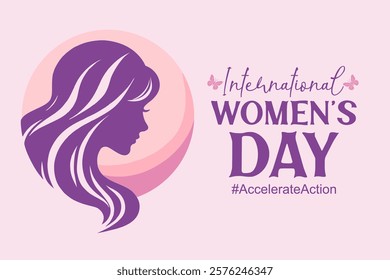 Happy International Womens Day banner design. Silhouette of a woman profile in purple with flowing hair inside a circular background. 2025 Womens Day campaign theme – #AccelerateAction.