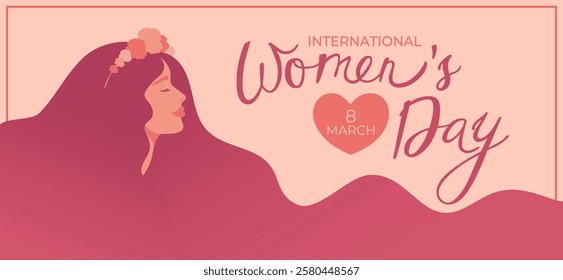 Happy International Womens Day banner with beautiful long haired woman in flower wreath. Woman with long flowing hair. Vector illustration