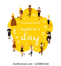 Happy international women's day. Beautiful ladies. Flat vector female cartoon characters. Career.  Different Occupations. Jobs and Skills. Mother and baby, business woman.