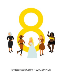 Happy international women's day. Beautiful ladies. Flat vector female cartoon characters. 8 march