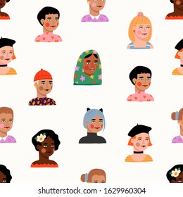 Happy international women's day. Big Set of various female heads. Women avatars. Various races and nationalities. Colored hand drawn vector Seamless Pattern. Various clothes and haircuts