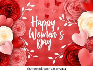Happy International Women's Day with butterfly and roses flower background