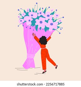Happy International women's day card. Woman holding huge bouquet of flower. Girl hugging flowers. Mother's day illustration. Woman rejoices at the gift. Happy birthday greetings.