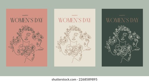 Happy International Women's Day card. Abstract woman face with flowers line drawing. Minimalist female portrait  boho style poster design. 8 march. - Shutterstock ID 2268589895