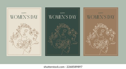 Feliz Día Internacional de la Mujer. Resumen de la cara de la mujer con el dibujo de la línea de las flores. Diseño de afiches de estilo boho de retrato femenino minimalista. 8 de marzo.