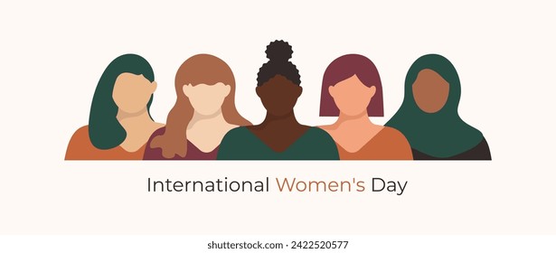 Feliz Día Internacional de la Mujer con Cinco mujeres de diferentes etnias y culturas que están juntas. Muchachas fuertes y valientes se apoyan mutuamente. Amistad entre hermandad y mujeres