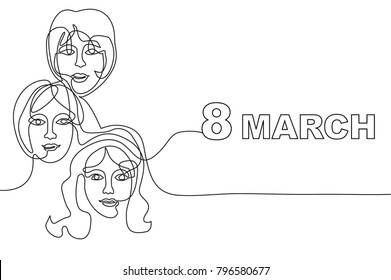 Happy International Women's Day card. Continuous line drawing. Linear women faces and font.