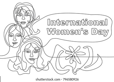 Happy International Women's Day card. Continuous line drawing. Linear women faces, flower and font.