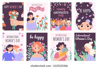 Happy international womens day cards, march 8 celebrating posters. Cute female characters with flower bouquets vector illustration set. International womens day covers. Girls with floral design