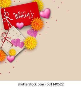 Happy International Women's Day celebration background with wrapped gift boxes, beautiful flowers and hearts decoration.