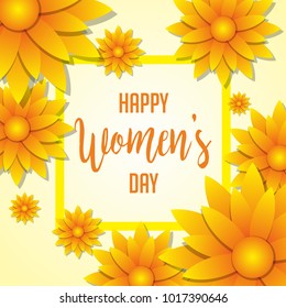 happy international women's day. in colorful flower background. blossom. green flower and bright yellow sun flower