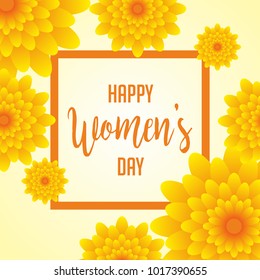 happy international women's day. in colorful flower background. blossom. green flower and bright yellow sun flower