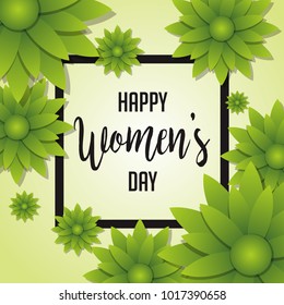 happy international women's day. in colorful flower background. blossom. green flower and bright yellow sun flower