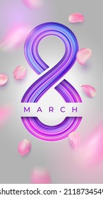 Happy International Womens Day. Colorful 8 march banner template with realistic rose petals. Vector illustration in craft style with paper cut for greeting card. Concept of feminism, gender equality