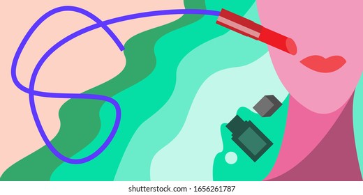 Happy International women's day concept of number 8 and women in long hair with lipstick and foundation bottle vector