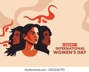 Happy International Women's Day Concept With Three Young Women Characters On Peach Background.