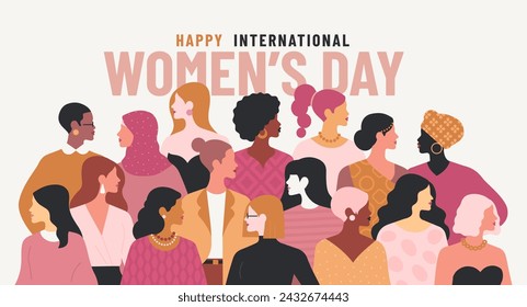 Happy International Women's Day concept. Vector horizontal illustration in modern flat style of a big group of diverse multiracial women. Isolated on white background