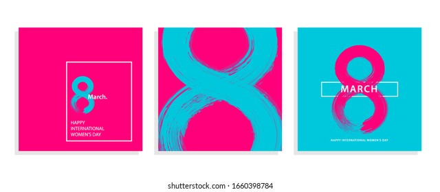 Happy International Women's Day cover set. 8 March banner design with brush stroke and frame. template for ad, promotion, social media, web, landing page, print.