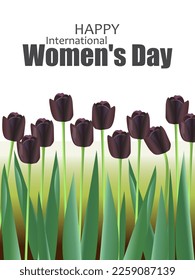 Happy International Women's Day. Dark purple tulips on a white vertical background. Floral card for the spring holiday. Vector.