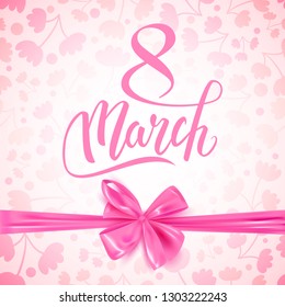 Happy International Women's Day decorative postcard, lettering and ribbon bow, March 8, vector illustration