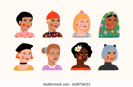 Happy international women's day. Different beauty. Set of various female heads. Women avatars. Various races and nationalities. Colored hand drawn vector illustration. Various clothes and haircuts