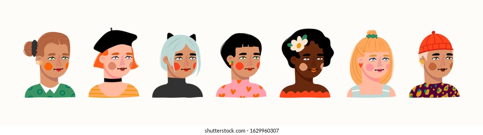 Happy international women's day. Different beauty. Big Set of various female heads. Women avatars. Various races and nationalities. Colored hand drawn vector illustration. Various clothes and haircuts