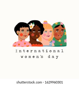 Happy international Women's Day. Eight of March. Various female heads. Various races and nationalities. Colored hand drawn vector illustration. Various clothes and haircuts. Greeting card, print idea