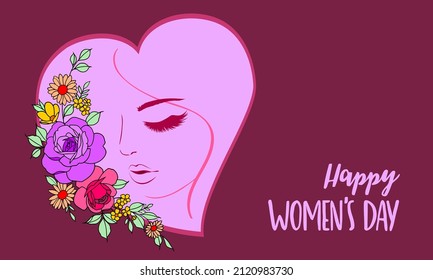 Happy International Women's Day women's faces in hearth and colorfull flowers