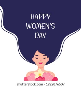 Happy International Women's Day Flat Vector Illustration. Cute Girl Holding Flowers.