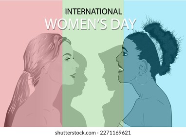 Happy International Women's Day. Four women of different nationalities and cultures symbolize equality over all ethnicities. Vector art suitable for banners, posters and many others design templates