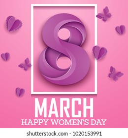 Happy international women's day greeting card with number purple eight in square frame and butterflies on pink background